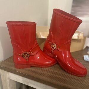 Michael Kors Glossy Red Boots with Gold Logo